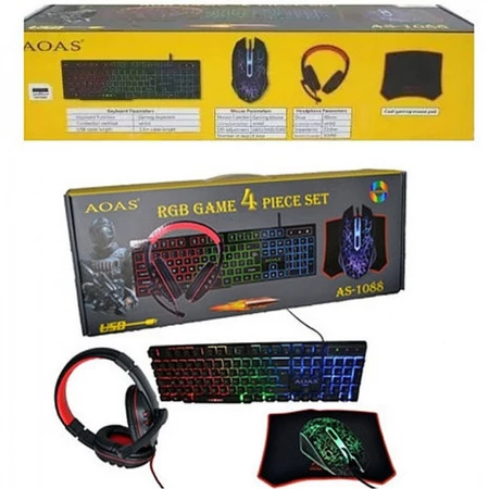 Kit Gamer RGB 4 en 1 AOAS - Teclado, Mouse, Audífonos y Alfombrilla