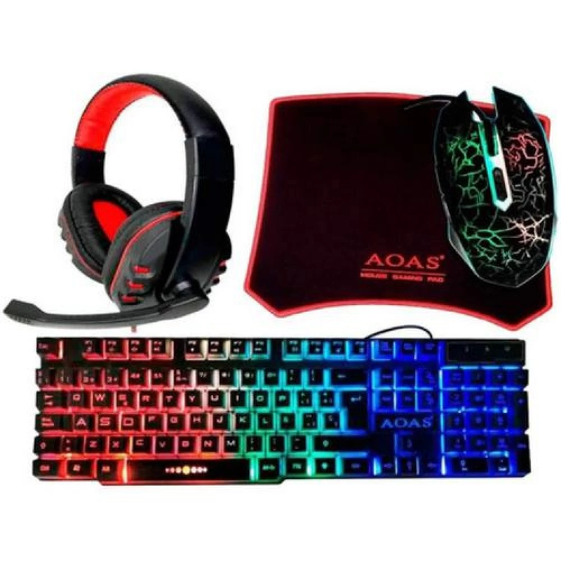 Kit Gamer RGB 4 en 1 AOAS - Teclado, Mouse, Audífonos y Alfombrilla