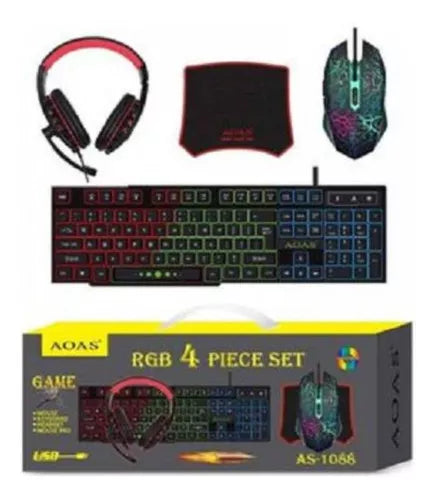 Kit Gamer RGB 4 en 1 AOAS - Teclado, Mouse, Audífonos y Alfombrilla